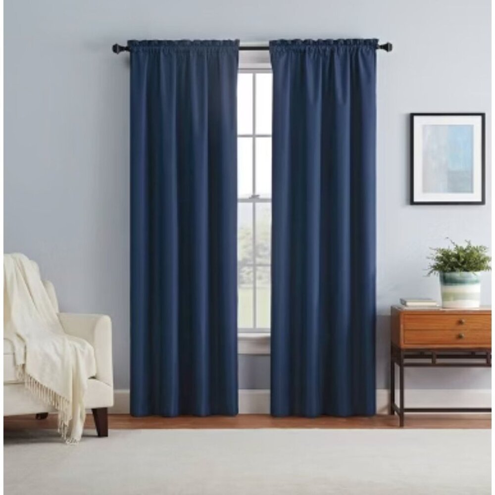 Eclipse SET of 2 Blackout Braxton Blue Rod Pocket Curtain Panels 42x63 Energy Sa